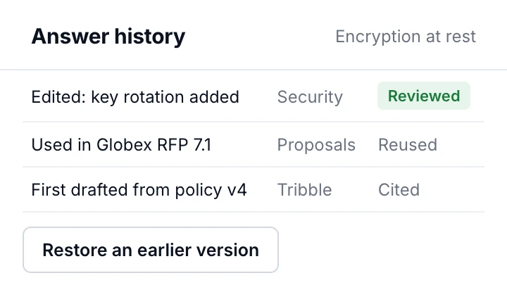 Example answer history: an edit reviewed by Security, reuse in another RFP, the first cited draft, and a restore option